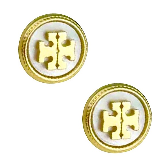 TORY BURCH • Gold Mother of Pearl Semiprecious Stone Logo Stud Earrings - Picture 1 of 7